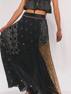 Free People Black & Gold Embellished Patchwork Maxi Skirt